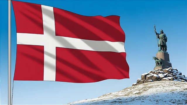 National flag of Denmark waving in the foreground with a historic statue on a snowy rocky hill under a clear blue sky. Scandinavian culture and Danish national heritage illustration.