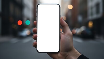 Hand Holding Smartphone with Blank White Screen Mockup in Blurred City Street