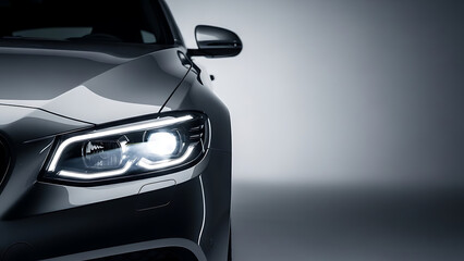 Bright LED headlight illuminates the sleek, modern design of a luxurious dark vehicle, showcasing advanced automotive technology and contemporary style