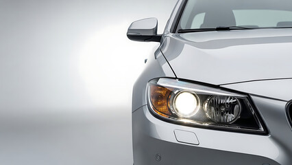 Close-up of a sleek, modern vehicle's headlights, showcasing its sophisticated design and illuminating technology