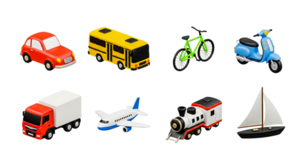 Bright toy vehicles set on white background, ideal for kids and playful themes.