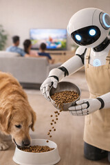 Friendly Humanoid AI Robot Feeding Dog in Modern Family Home