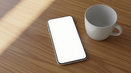 Smartphone Mockup with Blank White Screen on Wooden Desk next to Coffee Cup