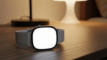 Modern Smartwatch Mockup with Blank White Screen on Wooden Bedside Table