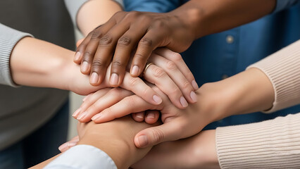 Diverse group of hands stacked together, symbolizing unity, teamwork, and collaboration