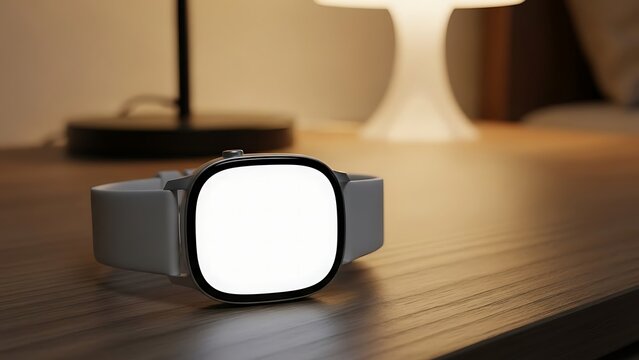 Modern Smartwatch Mockup with Blank White Screen on Wooden Bedside Table - Powered by Adobe