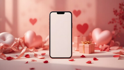 Valentine's Day Smartphone Mockup with Pink Hearts and Gifts, Romantic Holiday Scene with Blank Screen for Dating App or Gift Guide Promo