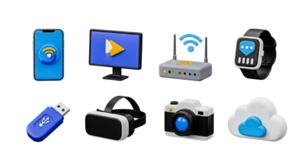 Various IoT and smart home gadgets including router, camera, and wearable tech displayed together