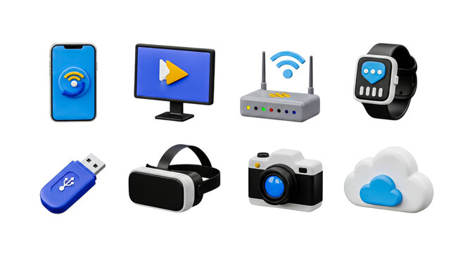 Various IoT and smart home gadgets including router, camera, and wearable tech displayed together - Powered by Adobe