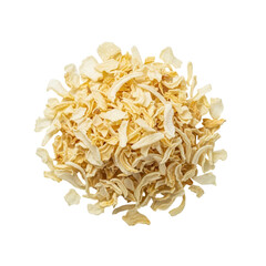 Dried onion flakes in a small pile, isolated on transparent background, natural dehydrated appearance
