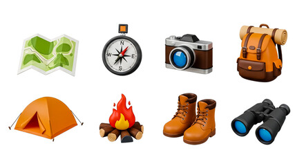 Collection of travel and camping items including backpack, boots, tent, and navigation tools.