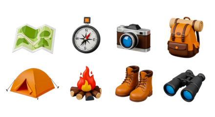 Collection of travel and camping items including backpack, boots, tent, and navigation tools.