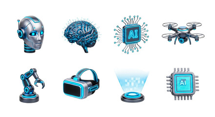 AI-themed illustration with robots, neural networks, and digital interfaces showcasing tech innovation