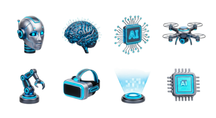 AI-themed illustration with robots, neural networks, and digital interfaces showcasing tech innovation