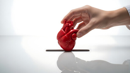 A human hand gently interacts with a vibrant red anatomical heart model, symbolizing medical care, scientific research, and the profound significance of health and life preservation