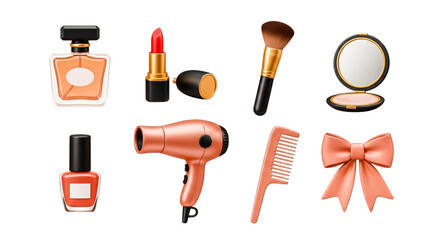 Assorted cosmetics including lipstick, powder, brushes, and perfume on display