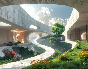 Modern architectural structure with flowing pathways and vibrant flora
