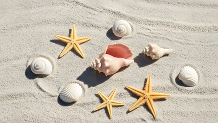 A serene beach scene featuring seashells and starfish arranged on the sandy shore.