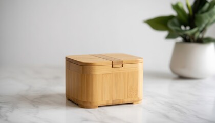 Minimalist wooden bamboo storage box with a lid placed on a white marble surface, accompanied by a green houseplant for a clean home decor aesthetic