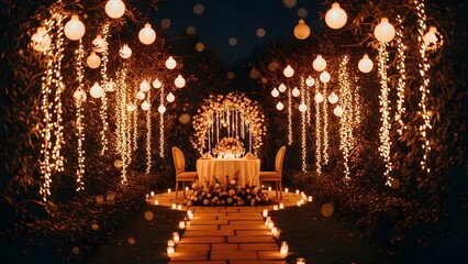 A romantic dinner setup in a beautifully decorated outdoor garden at night with string lights and candles