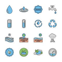 Water Conservation Icons Set for Environmental Awareness.