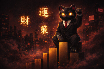 財運の黒猫：金融都市を操るスーツの招き猫