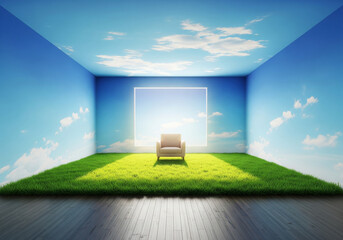 Surreal living room with green grass floor and blue sky walls.