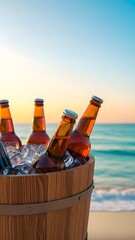 A wooden bucket filled with cold beer bottles and ice on a beautiful beach at sunset