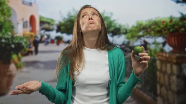 Woman holding lime near face and grimacing with closed eyes and open mouth on street, wearing green cardigan and white shirt; disgust.