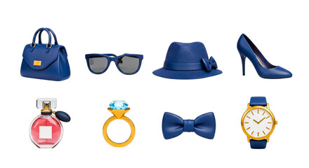 Stylish collection of blue-themed accessories including bag, hat, heels, and jewelry on wooden shelf.