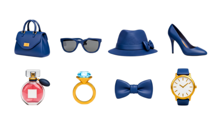Stylish collection of blue-themed accessories including bag, hat, heels, and jewelry on wooden shelf.