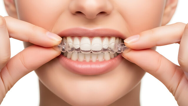 A close-up of a woman's mouth as she inserts clear dental aligners, showcasing a modern approach to teeth straightening and smile enhancement