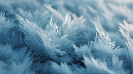 Close-up of frosty ice crystals forming delicate patterns on a cold surface. Winter texture with icy blue hues and soft white highlights, evoking a frozen, ethereal atmosphere