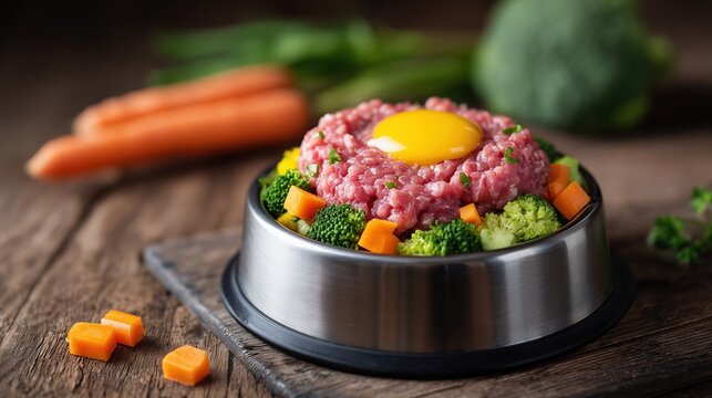 Raw ground meat with egg yolk and vegetables in stainless steel dog bowl, BARF diet meal with raw meat, broccoli and carrots in dog bowl, Raw dog diet bowl containing raw meat, carrot cubes