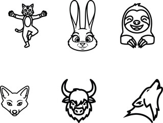 Obraz premium cartoon animal faces and body cat rabbit sloth fox bull wolf