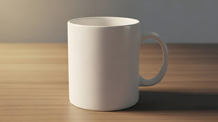 Pure White Coffee Mug Mockup on a Wooden Table with Warm Natural Light, Perfect for Beverage Branding, Cafe Promotion, and Personal Gifts
