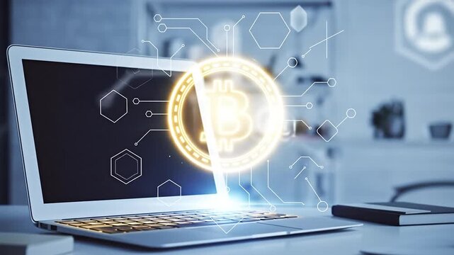 Bitcoin Digital: The future of finance unfurls as a glowing bitcoin symbol materializes upon a sleek laptop screen, embodying digital currency, technology, and the evolving economic landscape. 