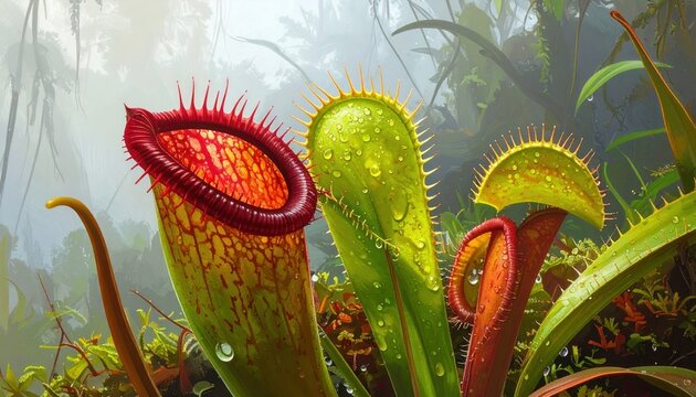 Vibrant carnivorous pitcher plants in a lush jungle environment.