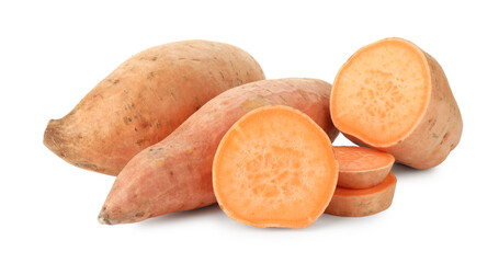 Whole and cut sweet potatoes isolated on white