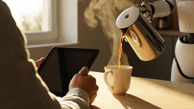 Ai generated robot serving coffee home kitchen digital art cozy environment close-up viewpoint generative ai concepts