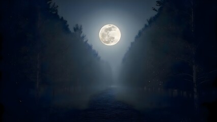 Bright, powerful full moon is clearly shining in the dark, vast night sky, creating a serene, peaceful, and mysterious natural landscape