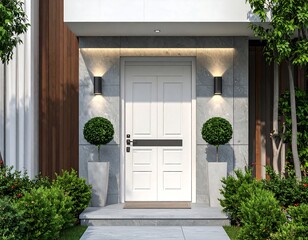 Modern home entrance with white door, lights, and landscaping