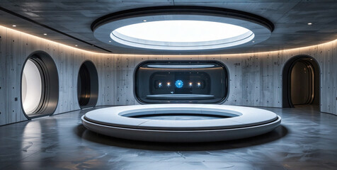 Futuristic Circular Room with Holographic Display and Round Platform