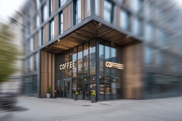 Obraz premium Modern coffee shop entrance features illuminated signage and contemporary architecture.