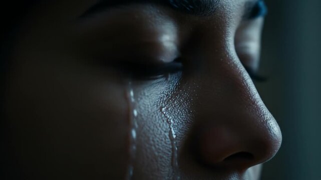Close-up of a crying dark-skinned person with tears streaming down their cheek in a dark background. Perfect for emotional scenes, dramas, and mental health materials.
