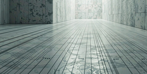 Minimalist Long Corridor with Wooden Floor and Patterned Walls