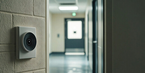 Security Camera Mounted on Brick Wall in Hallway