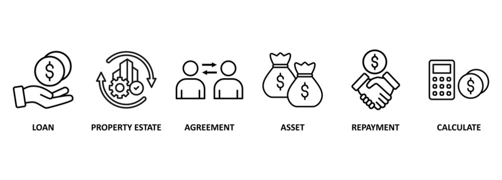 Mortgage banner web icon vector illustration concept with icon of loan, property estate, agreement, asset, repayment and calculate