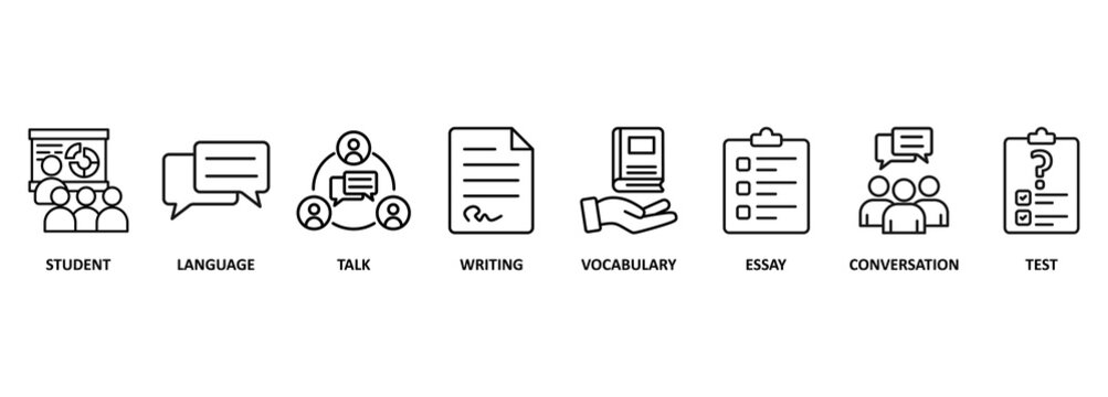 English class banner web icon vector illustration concept with icon of student, language, talk, writing, vocabulary, essay, conversation, test 