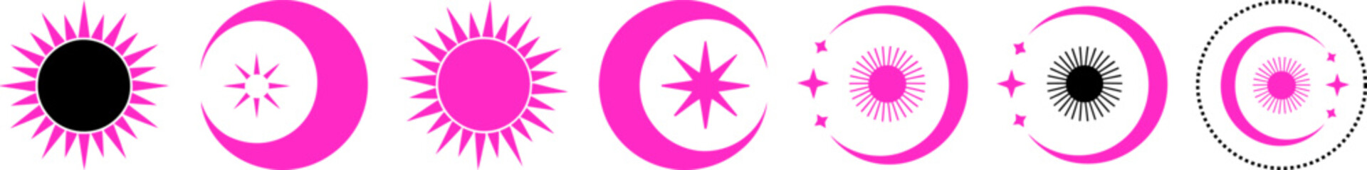 Minimal cosmic phase symbol set showing sun, moon and eclipse elements